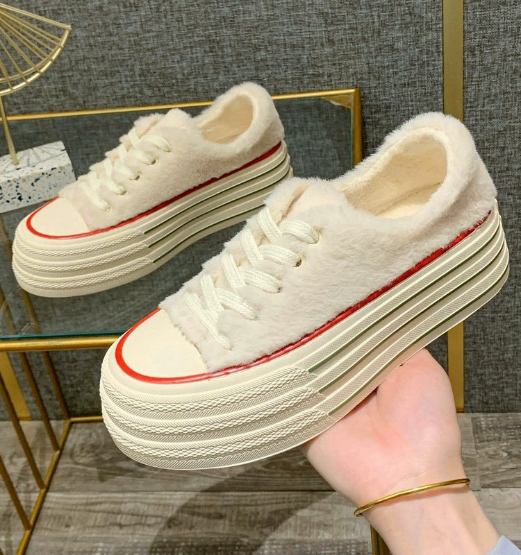 Fluffy Shoes Female Autumn and Winter Outer Wear 2023 New Arrival Platform White Shoes Warm plus Velvet Cotton Shoes Plush Shoes Elevator Shoes