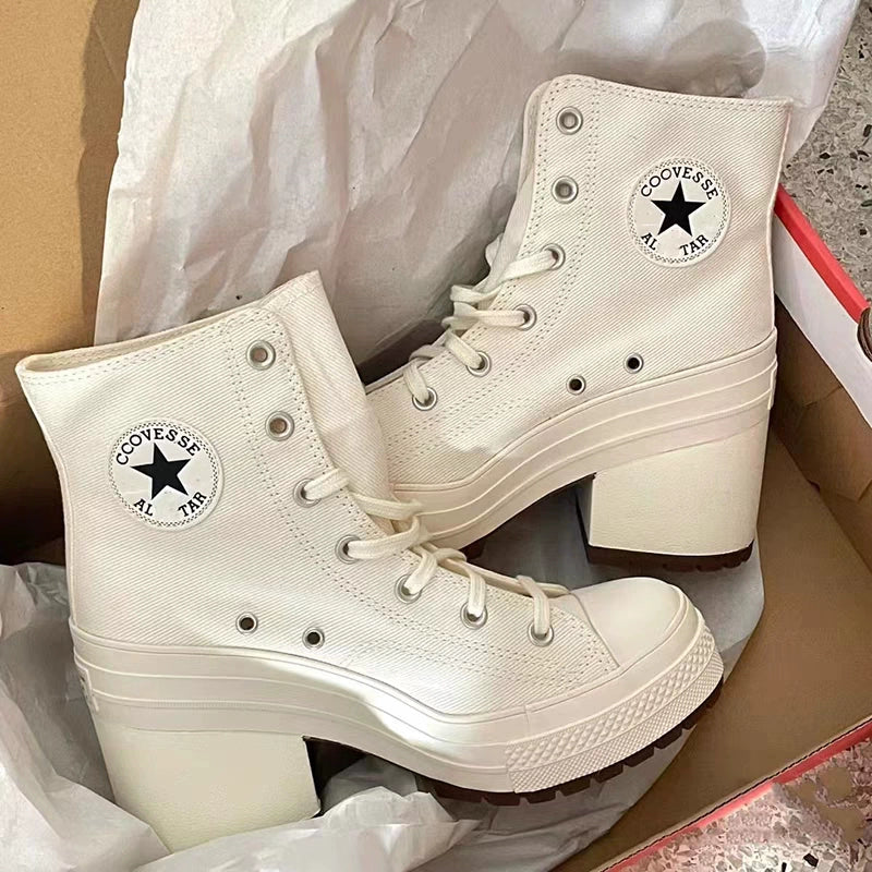 2023 Spring & Fall New High Heels Retro Chunky Heel Shoes High-Top Lace up round Toe Canvas Shoes Fashionable All-Matching Women's