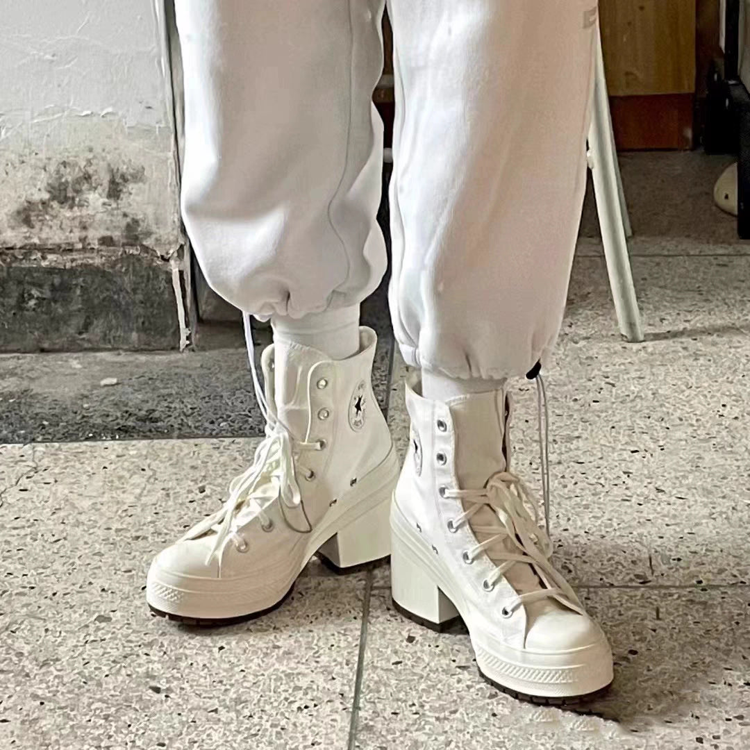 2023 Spring & Fall New High Heels Retro Chunky Heel Shoes High-Top Lace up round Toe Canvas Shoes Fashionable All-Matching Women's