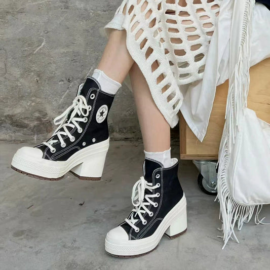 2023 Spring & Fall New High Heels Retro Chunky Heel Shoes High-Top Lace up round Toe Canvas Shoes Fashionable All-Matching Women's