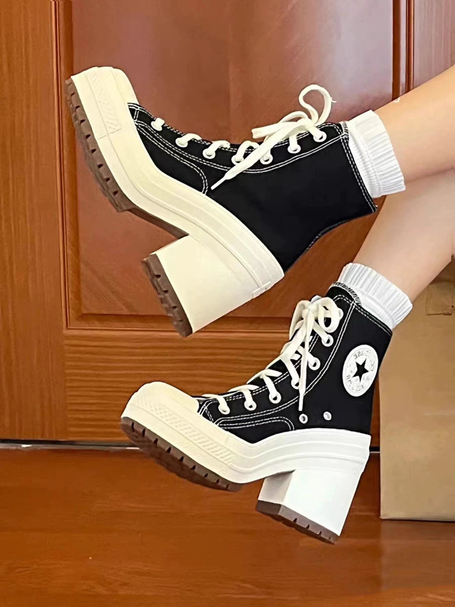2023 Spring & Fall New High Heels Retro Chunky Heel Shoes High-Top Lace up round Toe Canvas Shoes Fashionable All-Matching Women's