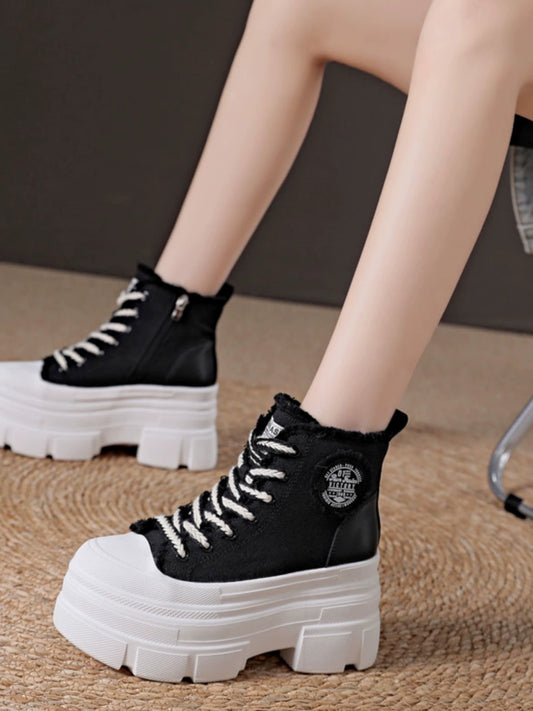2024 Spring New Arrival Small Women's Shoes High-Top Canvas Shoes Women's Hidden Heel 10cm K-style Casual Sports Platform